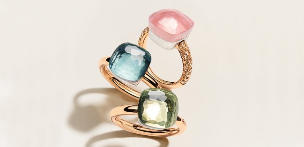 Designer Gold Rings From Pomellato's Nudo Collection Including Rose Quartz, Sky Blue Topaz And Lemon Quartz Gemstones