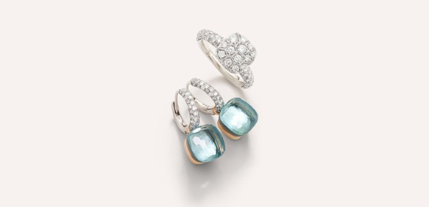 Designer White Gold Earrings, The Left With Sky Blue Topaz And The Right With Diamonds From Pomellato's Nudo Collection